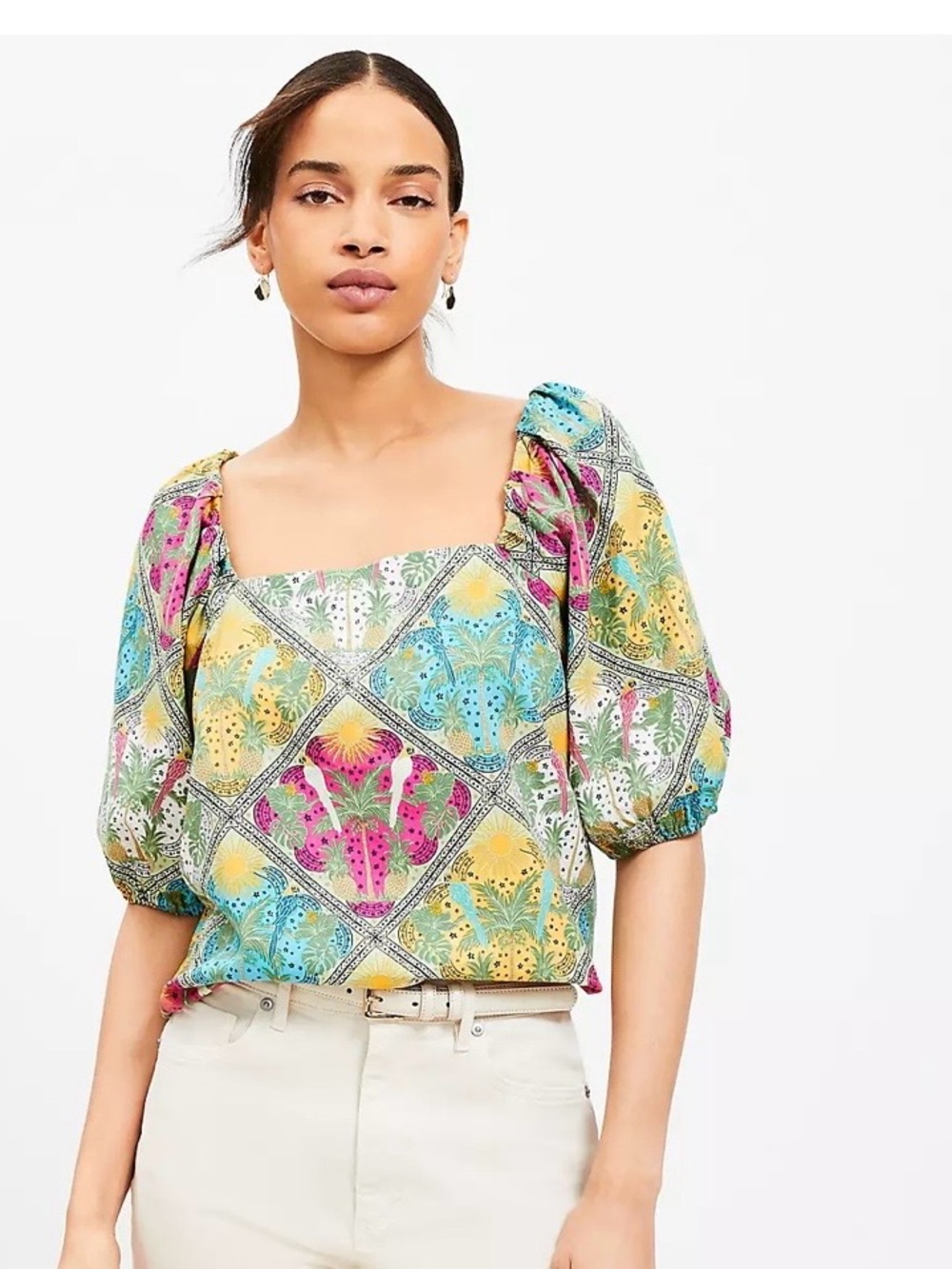 LOFT Tropical Tile Print Blouse Puff Sleeve Off Shoulder Boho Top XL